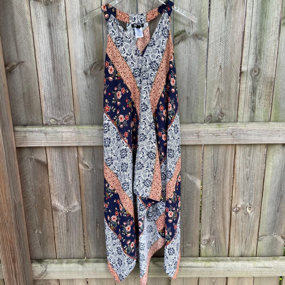 SLNY Navy Blue, White & Rust Floral Midi Dress
